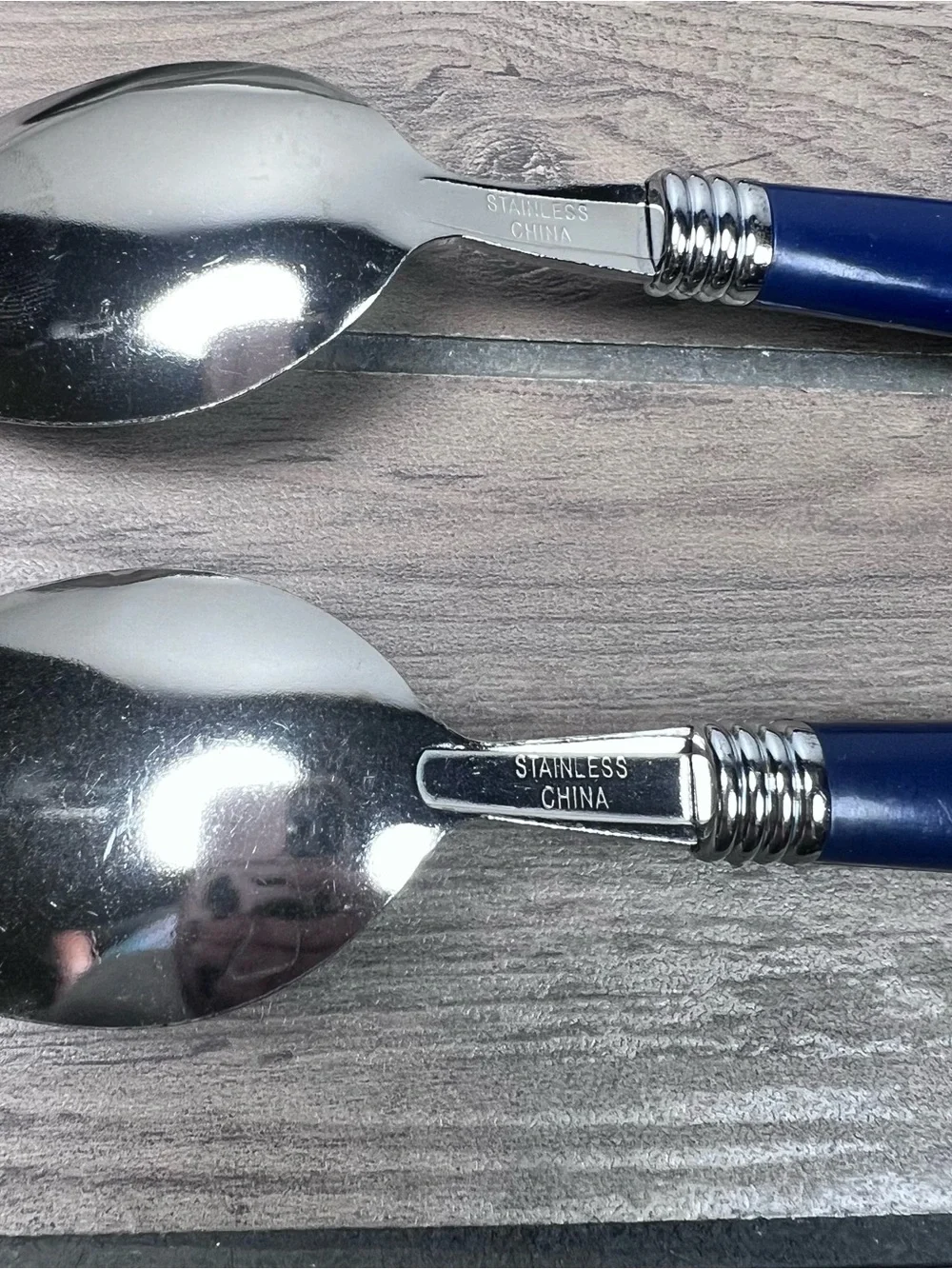 Gibson Vintage Flatware Blue Plastic Handle Tablespoons Soup Spoons Set of 4 Y2K